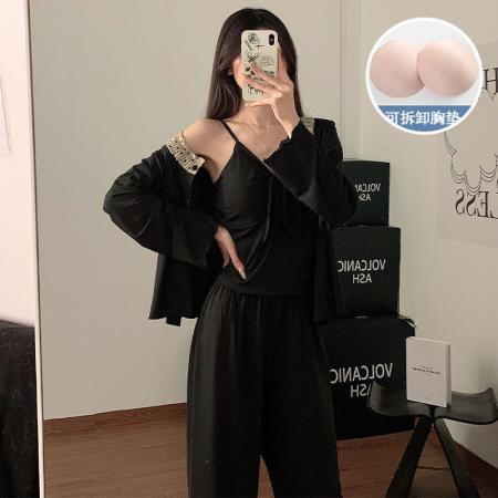 FA44297# 春秋季新款仿棉睡衣女性感吊带三件套长裤带胸垫家居服套装 服裝批發女裝批發服飾貨源