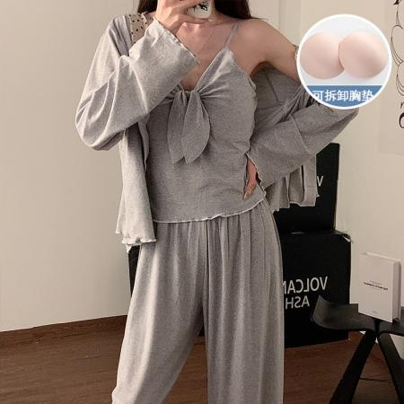 FA44297# 春秋季新款仿棉睡衣女性感吊带三件套长裤带胸垫家居服套装 服裝批發女裝批發服飾貨源
