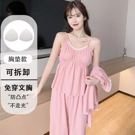 FA44298# 性感女睡衣春秋季小香风吊带开衫三件套日系甜美带胸垫居家服 服裝批發女裝批發服飾貨源