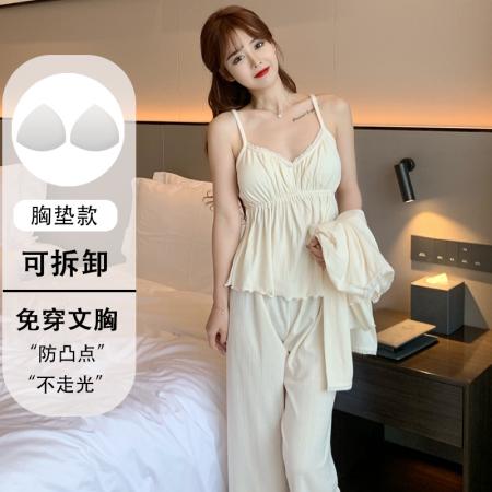 FA44298# 性感女睡衣春秋季小香风吊带开衫三件套日系甜美带胸垫居家服 服裝批發女裝批發服飾貨源
