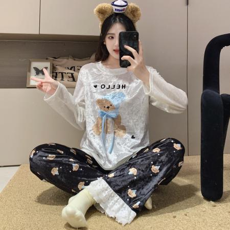 实货金丝绒睡衣女秋冬季长袖长裤保暖宽松可外穿两件套装家居服 服裝批發女裝批發服飾貨源