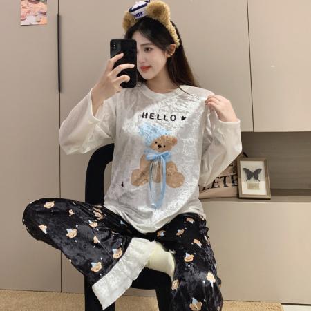 实货金丝绒睡衣女秋冬季长袖长裤保暖宽松可外穿两件套装家居服 服裝批發女裝批發服飾貨源
