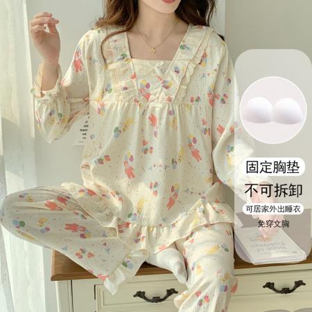 实货带胸垫睡衣女套装长袖长裤家居服春秋宽松可爱公主风可外穿 服裝批發女裝批發服飾貨源