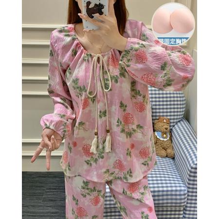 FA44304# 带胸垫睡衣女春秋款长袖甜美女士碎花高级感可外穿家居服套装 服裝批發女裝批發服飾貨源