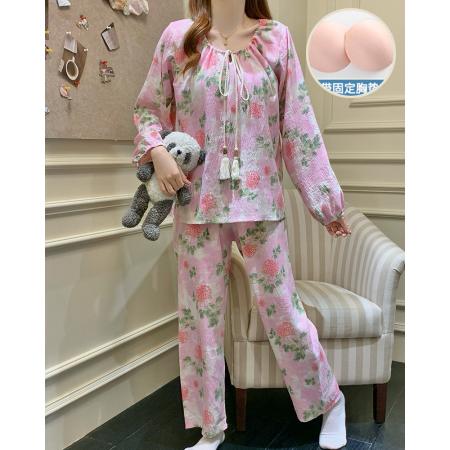 FA44304# 带胸垫睡衣女春秋款长袖甜美女士碎花高级感可外穿家居服套装 服裝批發女裝批發服飾貨源