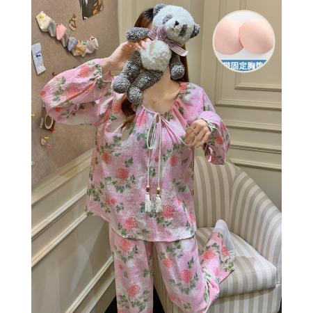 FA44304# 带胸垫睡衣女春秋款长袖甜美女士碎花高级感可外穿家居服套装 服裝批發女裝批發服飾貨源