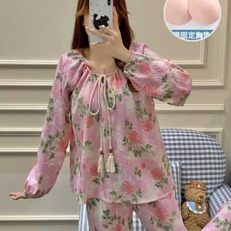 FA44304# 带胸垫睡衣女春秋款长袖甜美女士碎花高级感可外穿家居服套装 服裝批發女裝批發服飾貨源