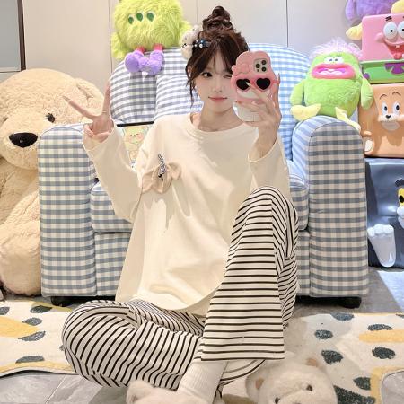 睡衣女春秋款新款条纹简约风秋冬季可外穿长袖长裤家居服套装 服裝批發女裝批發服飾貨源