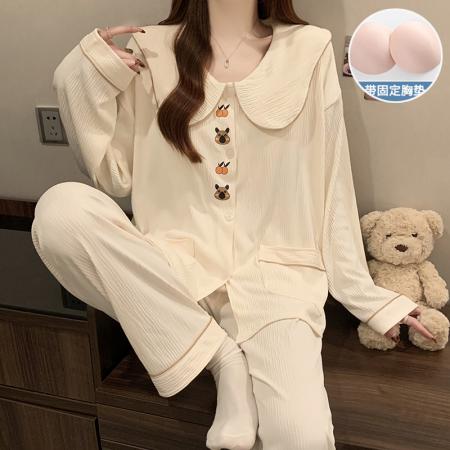 带胸垫娃娃领睡衣女春秋季长袖长裤娃娃领可爱卡通家居服套装 服裝批發女裝批發服飾貨源
