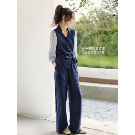FA44308# 含亚麻收腰两件套秋季不对称拼接丝巾衬衫阔腿裤套装女 服裝批發女裝批發服飾貨源