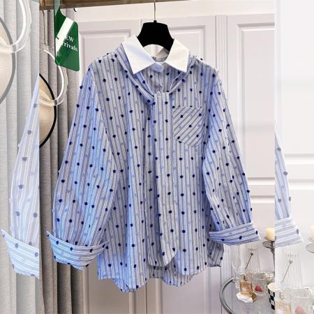 胖妹妹宽松高级立体感波点设计秋季大码个性长袖衬衫女装 服裝批發女裝批發服飾貨源