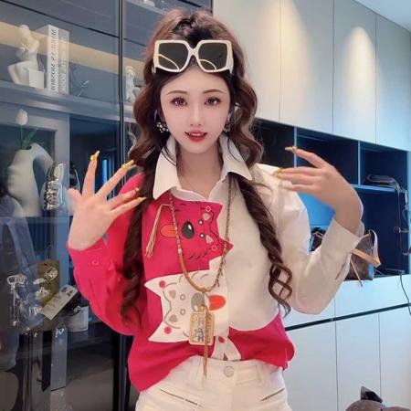 卡通猫咪撞色拼接长袖衬衫女秋季宽松洋气百搭时尚减龄上衣 服裝批發女裝批發服飾貨源