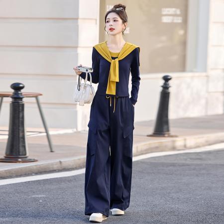 撞色披肩长袖上衣工装阔腿裤两件套女秋季新款休闲套装 服裝批發女裝批發服飾貨源