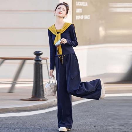 撞色披肩长袖上衣工装阔腿裤两件套女秋季新款休闲套装 服裝批發女裝批發服飾貨源