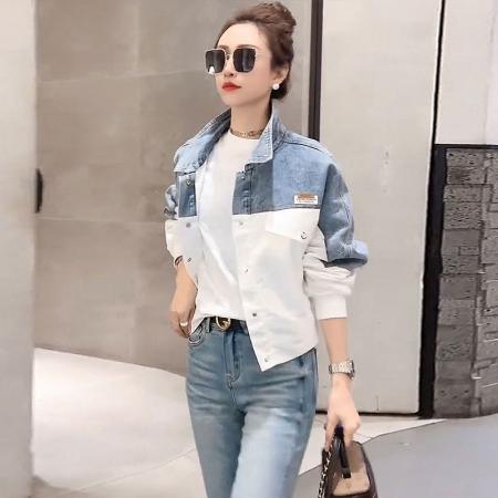 春秋新款时尚撞色牛仔拼接外套休闲宽松短上衣韩版女装 服裝批發女裝批發服飾貨源