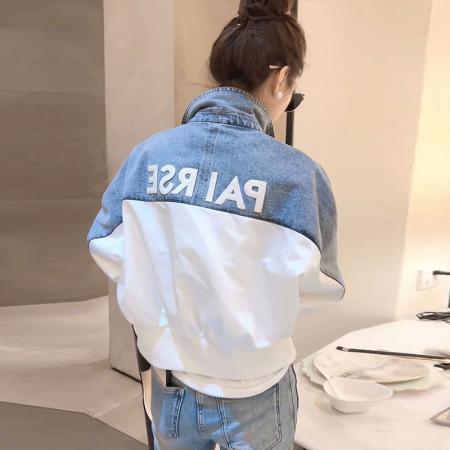 春秋新款时尚撞色牛仔拼接外套休闲宽松短上衣韩版女装 服裝批發女裝批發服飾貨源