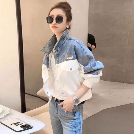 春秋新款时尚撞色牛仔拼接外套休闲宽松短上衣韩版女装 服裝批發女裝批發服飾貨源