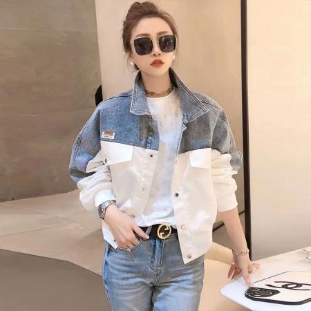 春秋新款时尚撞色牛仔拼接外套休闲宽松短上衣韩版女装 服裝批發女裝批發服飾貨源