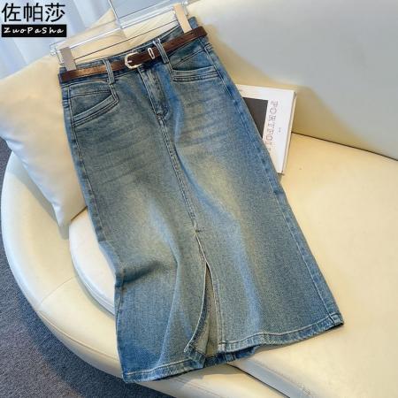 前开叉牛仔直筒裙女夏春夏新款高腰显瘦浅蓝色复古百搭半身裙 服裝批發女裝批發服飾貨源