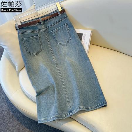 FA44326# 前开叉牛仔直筒裙女夏春夏新款高腰显瘦浅蓝色复古百搭半身裙 服裝批發女裝批發服飾貨源