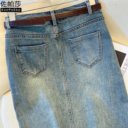 FA44326# 前开叉牛仔直筒裙女夏春夏新款高腰显瘦浅蓝色复古百搭半身裙 服裝批發女裝批發服飾貨源