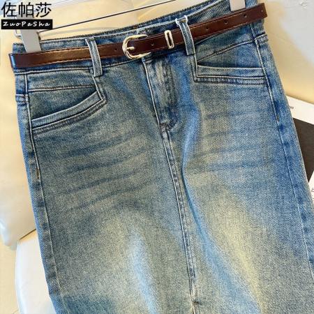 FA44326# 前开叉牛仔直筒裙女夏春夏新款高腰显瘦浅蓝色复古百搭半身裙 服裝批發女裝批發服飾貨源