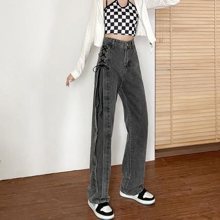 秋季新款s-4xl大码胖mm高街设计感小众高腰绑带阔腿牛仔裤女 服裝批發女裝批發服飾貨源