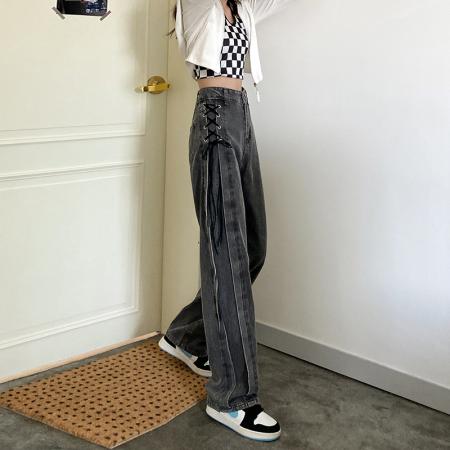 秋季新款s-4xl大码胖mm高街设计感小众高腰绑带阔腿牛仔裤女 服裝批發女裝批發服飾貨源