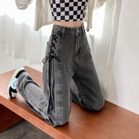秋季新款s-4xl大码胖mm高街设计感小众高腰绑带阔腿牛仔裤女 服裝批發女裝批發服飾貨源