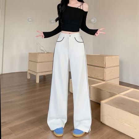 拼接撞色直筒牛仔裤女秋季新款高腰显瘦宽松阔腿裤子 服裝批發女裝批發服飾貨源