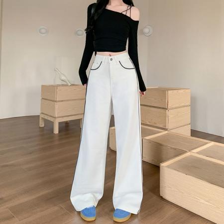 拼接撞色直筒牛仔裤女秋季新款高腰显瘦宽松阔腿裤子 服裝批發女裝批發服飾貨源