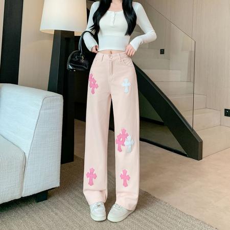 重工粉色高腰直筒牛仔裤女秋季新款宽松阔腿长裤潮 服裝批發女裝批發服飾貨源