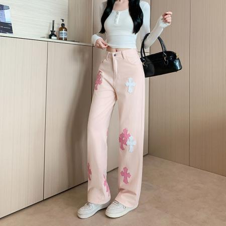 重工粉色高腰直筒牛仔裤女秋季新款宽松阔腿长裤潮 服裝批發女裝批發服飾貨源