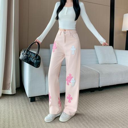 重工粉色高腰直筒牛仔裤女秋季新款宽松阔腿长裤潮 服裝批發女裝批發服飾貨源