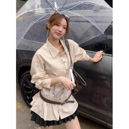 温柔风收腰显瘦蓝色条纹长袖衬衫女秋季设计感衬衣巨好看轻熟上衣 服裝批發女裝批發服飾貨源