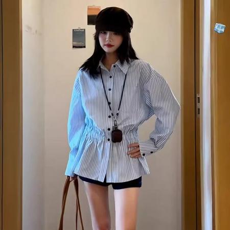 温柔风收腰显瘦蓝色条纹长袖衬衫女秋季设计感衬衣巨好看轻熟上衣 服裝批發女裝批發服飾貨源