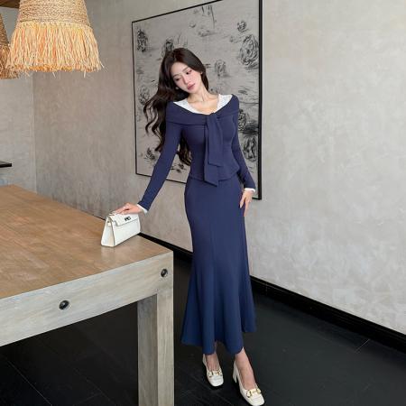 FA44334# 松间语法式蕾丝拼接上衣女秋季高腰鱼尾半身裙长袖针织套装 服裝批發女裝批發服飾貨源