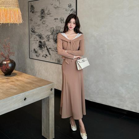 FA44334# 松间语法式蕾丝拼接上衣女秋季高腰鱼尾半身裙长袖针织套装 服裝批發女裝批發服飾貨源