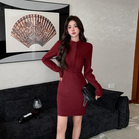 秋冬季职场时尚长袖立领工装连衣裙女收腰高级感包臀裙子 服裝批發女裝批發服飾貨源