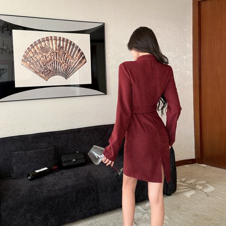 秋冬季职场时尚长袖立领工装连衣裙女收腰高级感包臀裙子 服裝批發女裝批發服飾貨源