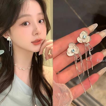 CX13527# 最便宜饰品批发 韩系百搭高级感微镶锆石滴釉花朵耳钉女轻奢小众长款流苏耳环耳饰