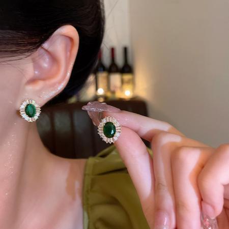CX13529# 最便宜饰品批发 法式复古宫廷风祖母绿锆石耳钉女轻奢高级感时尚气质耳环耳饰