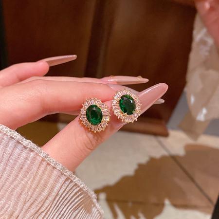 CX13529# 最便宜饰品批发 法式复古宫廷风祖母绿锆石耳钉女轻奢高级感时尚气质耳环耳饰