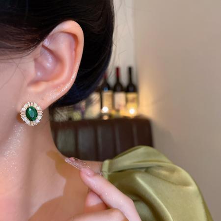 CX13529# 最便宜饰品批发 法式复古宫廷风祖母绿锆石耳钉女轻奢高级感时尚气质耳环耳饰