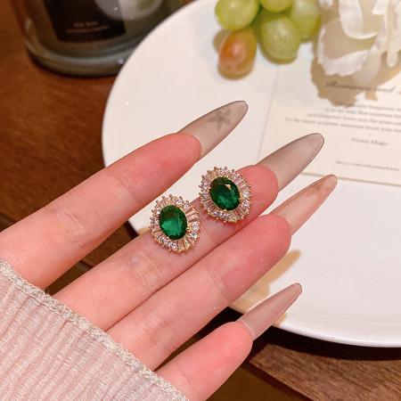 CX13529# 最便宜饰品批发 法式复古宫廷风祖母绿锆石耳钉女轻奢高级感时尚气质耳环耳饰