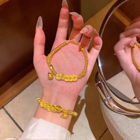 CX13530# 最便宜饰品批发 新中式小红书同款沙金五帝钱拉丝葫芦盘缠手串复古百搭福禄手链女