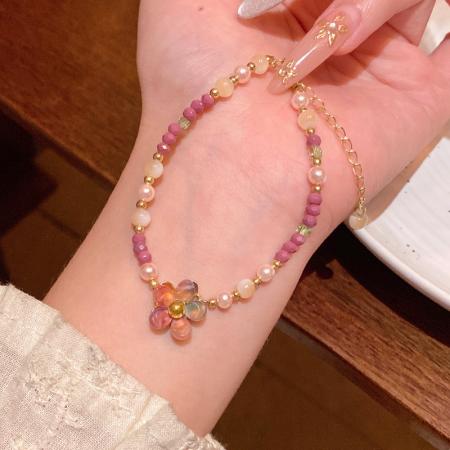 CX13531# 最便宜饰品批发 夏季小清新仿天然石花朵手链女百搭气质多巴胺彩色串珠手串手饰品