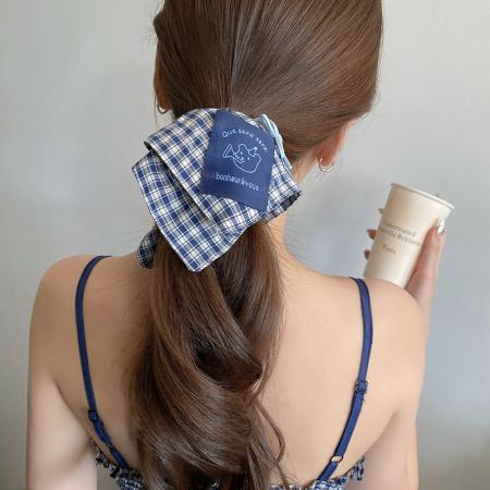 CX13532# 最便宜饰品批发 韩系蓝色格纹蝴蝶结方巾大肠发圈女高级感头圈发绳时尚头绳发饰品