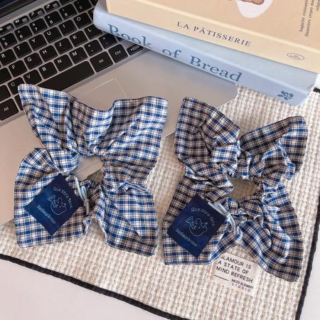 CX13532# 最便宜饰品批发 韩系蓝色格纹蝴蝶结方巾大肠发圈女高级感头圈发绳时尚头绳发饰品