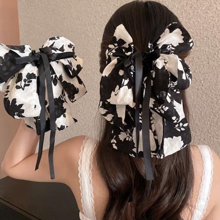 CX13535# 最便宜饰品批发 复古黑白碎花蝴蝶结飘带抓夹女后脑勺低马尾发卡夹子优雅气质发饰